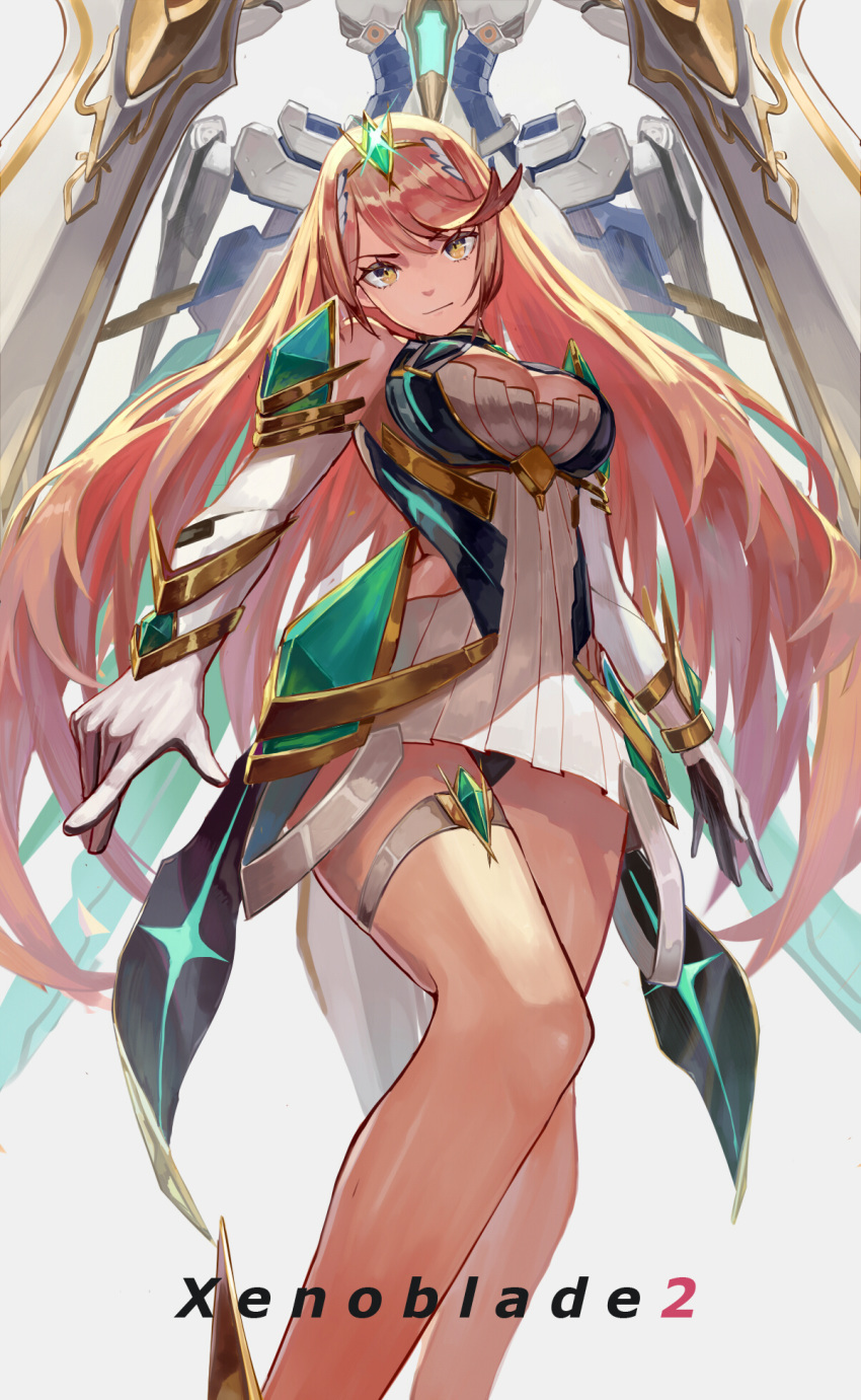 1girl bangs bare_shoulders blonde_hair blush breasts cleavage dress earrings elbow_gloves expressionless gem gloves headpiece highres hikari_(xenoblade_2) jewelry large_breasts long_hair looking_at_viewer solo swept_bangs thigh_strap tiara very_long_hair vic xenoblade_(series) xenoblade_2 yellow_eyes