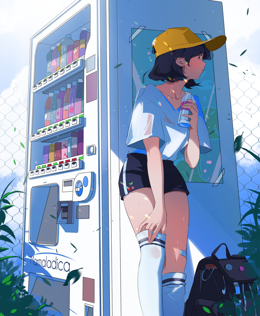 1girl absurdres adjusting_clothes adjusting_legwear artist_name backpack backpack_removed bag bangs baseball_cap black_hair blue_shorts bottle chain-link_fence cloud cloudy_sky collarbone commentary day earrings english_commentary feet_out_of_frame fence hat heart heart_earrings highres holding holding_bottle jewelry leaf looking_to_the_side marmalade_(elfless_vanilla) original outdoors plant shade shirt short_hair short_sleeves shorts sky solo standing summer sweat thighhighs white_legwear white_shirt yellow_headwear