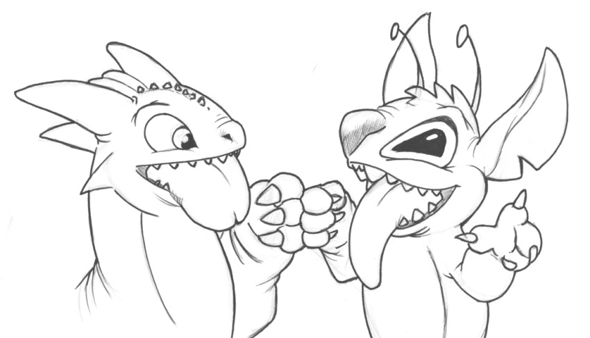 2010 4_fingers alien antennae_(anatomy) claws crossover disney dragon dreamworks duo experiment_(lilo_and_stitch) fingers fist_bump frazzy626 gesture graphite_(artwork) greyscale head_tuft how_to_train_your_dragon lilo_and_stitch long_tongue looking_at_another monochrome night_fury notched_ear open_mouth open_smile pencil_(artwork) scalie simple_background smile stitch_(lilo_and_stitch) tongue tongue_out toothless traditional_media_(artwork) tuft western_dragon white_background