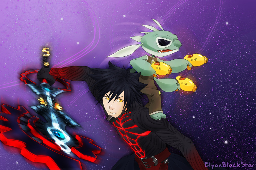 2014 3_toes 4_arms 4_fingers alien black_eyes black_hair chopsuey claws clothed clothing crossover disney duo ears_back elyonblackstar experiment_(lilo_and_stitch) fingers green_body green_claws green_nose hair hi_res holding_object holding_weapon human keyblade kingdom_hearts lilo_and_stitch looking_at_viewer male mammal melee_weapon multi_arm multi_limb multi_wielding open_mouth pivoted_ears plasma_blaster plasma_gun purple_background ranged_weapon simple_background space spacesuit square_enix toe_claws toes vanitas video_games weapon yellow_eyes
