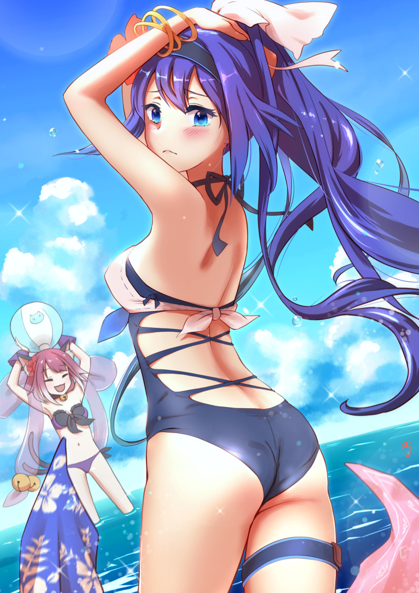 2girls animal_ears ass back ball bangs bare_shoulders beach beachball bell bell_collar bikini black_hairband blue_eyes blue_hair blue_swimsuit blush bracelet cat_ears cat_girl cat_tail collar contrapposto day eyebrows_visible_through_hair flower front-tie_bikini front-tie_top hair_flower hair_ornament hairband hands_on_own_head hibiscus high_ponytail highres jewelry long_hair looking_at_viewer miyasaka_tamaki multiple_girls multiple_tails ocean ogami_mifuyu one-piece_swimsuit open_mouth outdoors pink_bikini_top ponytail princess_connect! princess_connect!_re:dive purple_bikini purple_eyes side-tie_bikini sparkle swimsuit sylvaniaf tail thigh_strap very_long_hair wading water water_drop