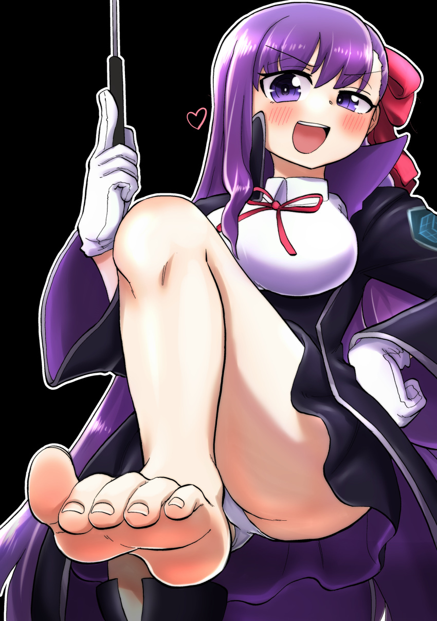 1girl :d ass bangs barefoot bb_(fate)_(all) bb_(fate/extra_ccc) black_background black_legwear blush breasts eyebrows_visible_through_hair fate/extra fate/extra_ccc fate_(series) gloves hair_ribbon half-closed_eye hand_on_hip heart highres long_hair looking_at_viewer open_mouth purple_eyes purple_hair ribbon simple_background smile solo thighhighs white_gloves yuzu_gin_(pika97)