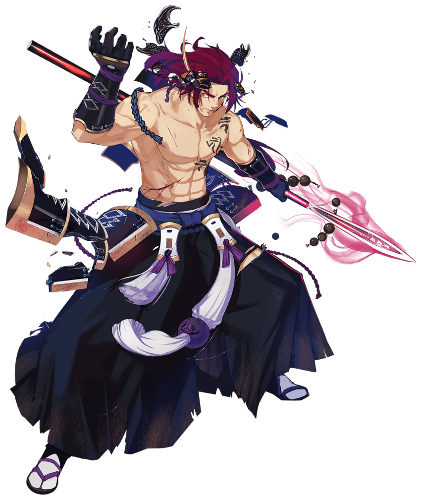 1boy armor beads black_gloves blood chest_tattoo full_body gloves hair_down hakama highres injury ishitsu_kenzou japanese_armor japanese_clothes kiwame_(touken_ranbu) male_focus official_art polearm red_hair sandals shirtless siddham spear tabi tattoo tonbokiri_(touken_ranbu) torn_clothes touken_ranbu transparent_background weapon yari yellow_eyes