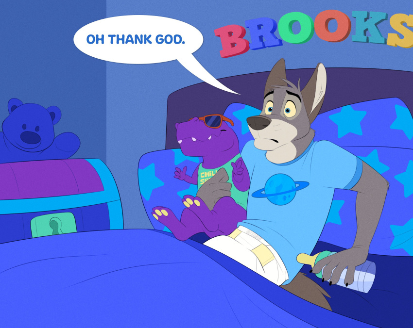 2019 anthro bed bedding blanket blue_eyes bottle brooks canid canine canis clothing colt3n diaper dinosaur eyewear hi_res male mammal on_bed pillow plushie reptile scalie shirt sitting_up solo speech_bubble sunglasses text topwear toy_chest under_covers ursid wolf