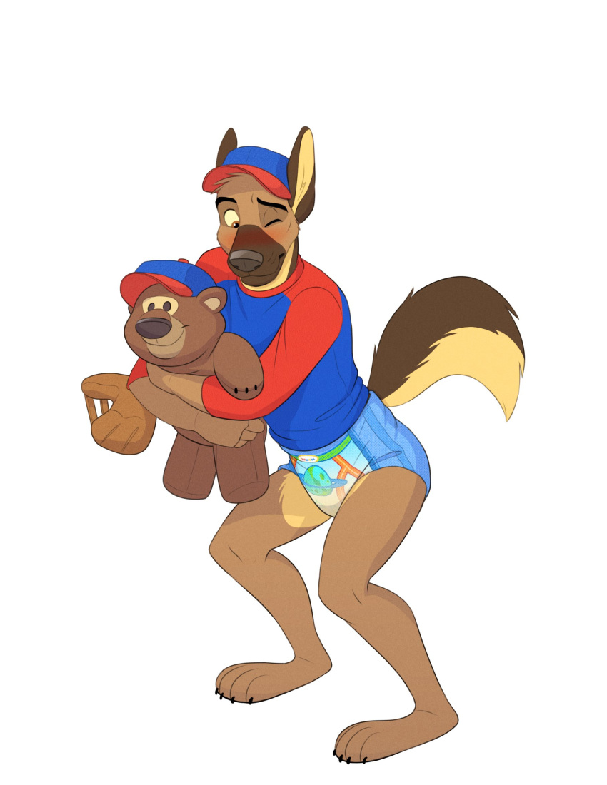 2019 anthro baseball_glove blush bodily_fluids canid canine canis clothing colt3n diaper domestic_dog genital_fluids german_shepherd hat headgear headwear herding_dog hi_res male mammal one_eye_closed pastoral_dog peeing plushie pull-ups_(diaper) shirt simple_background solo standing topwear urine wet_diaper wetting white_background