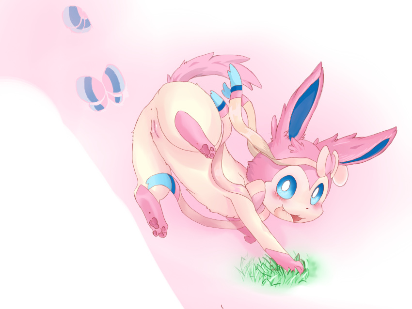 2014 4:3 anus blue_eyes blush canid canine eeveelution female feral grass looking_at_viewer mammal nintendo open_mouth pawpads paws pink_pawpads pok&eacute;mon pok&eacute;mon_(species) pussy simple_background solo sylveon video_games 典藏haodai