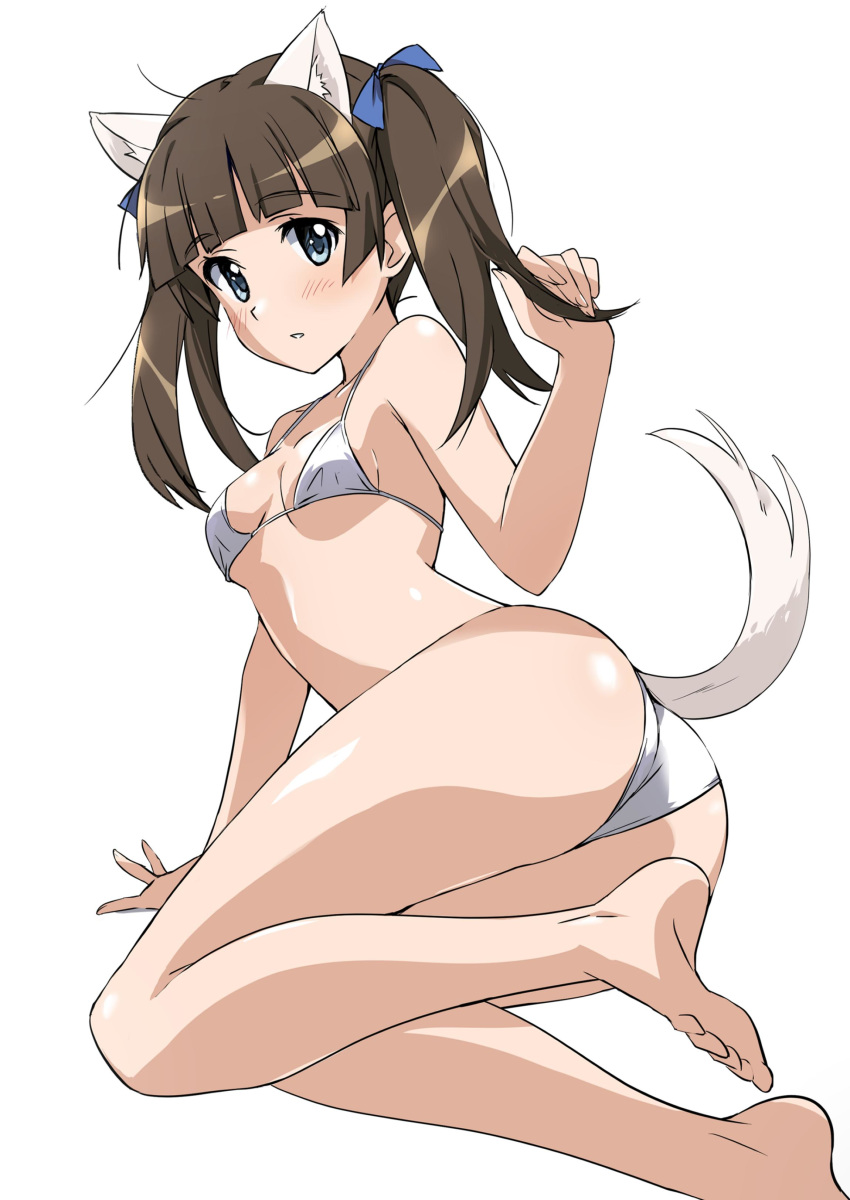 1girl absurdres animal_ears bangs bikini blue_eyes blunt_bangs blush brave_witches brown_hair commentary_request georgette_lemare hair_ribbon highres long_hair looking_at_viewer ribbon solo swimsuit tail tokiani twintails white_background white_bikini world_witches_series