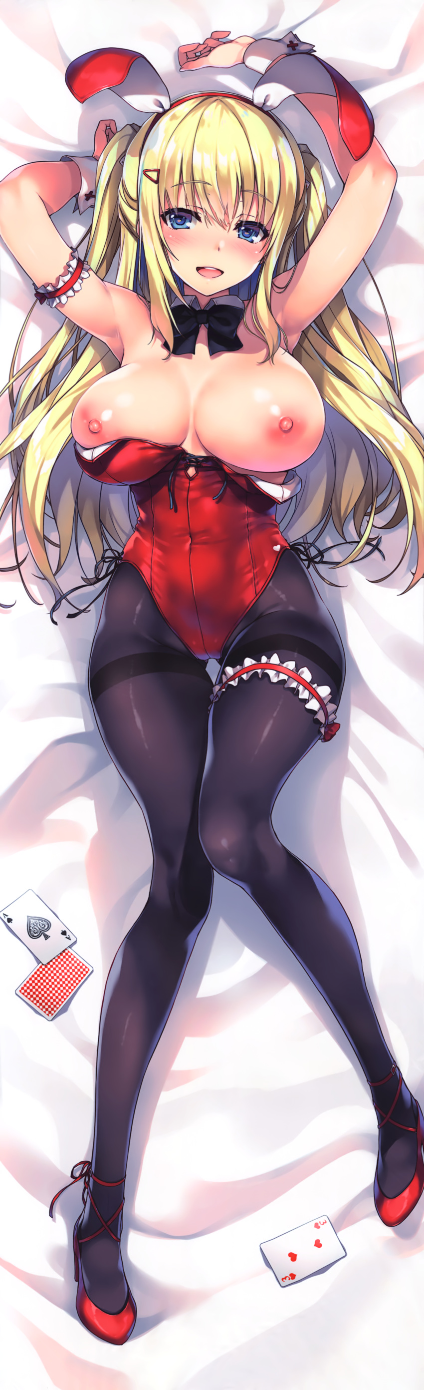 1girl absurdres animal_ears arms_up bangs bare_shoulders bed_sheet blue_eyes blush breasts bunny_ears bunny_girl bunnysuit card covered_navel dakimakura detached_collar eyebrows_visible_through_hair fake_animal_ears full_body hair_ornament hairclip high_heels highleg highleg_leotard highres huge_filesize large_breasts leotard long_hair looking_at_viewer lying nipples on_back open_mouth original pantyhose red_footwear red_leotard shiny shiny_clothes shiny_hair shiny_skin simple_background smile solo thigh_strap tomose_shunsaku twintails wrist_cuffs
