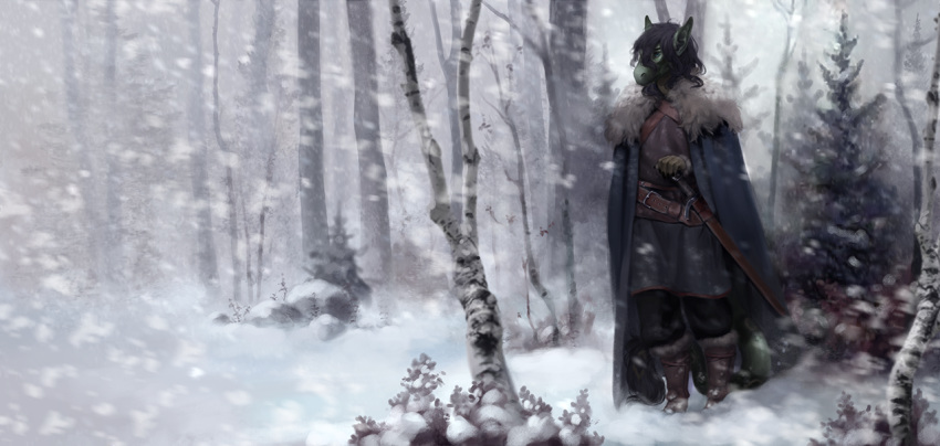 2019 ambiguous_gender anthro blue_hair clothed clothing detailed_background digital_media_(artwork) dragon forest fully_clothed hair long_hair melee_weapon outside raventenebris scabbard scalie sheathed_weapon snow snowing solo standing sword tree weapon