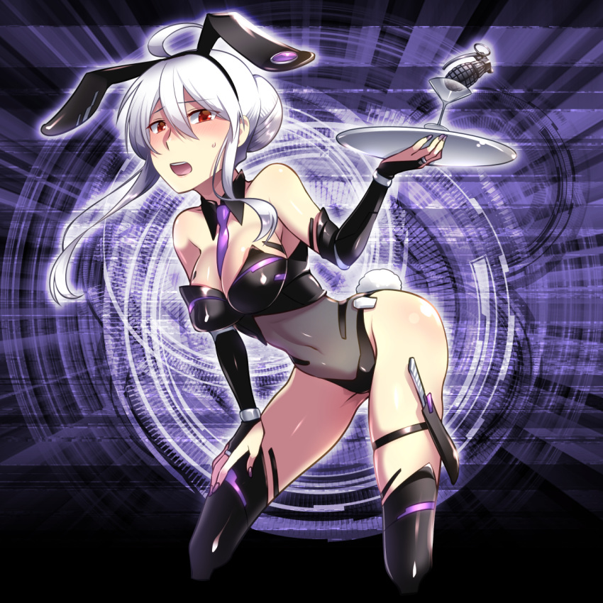 1girl ahoge animal_ears blush bunny_ears bunny_girl bunnysuit caffein cocktail_glass commentary cowboy_shot cup drinking_glass explosive grenade highres long_hair looking_at_viewer necktie open_mouth plate ponytail red_eyes see-through silver_hair solo vocaloid voyakiloid yowane_haku