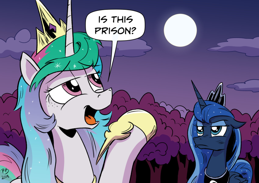 2018 collar dialogue duo equid female feral forest friendship_is_magic frown hi_res horn mammal meme moon my_little_pony night outside pony-berserker princess_celestia_(mlp) princess_luna_(mlp) sibling sister sisters tree winged_unicorn wings