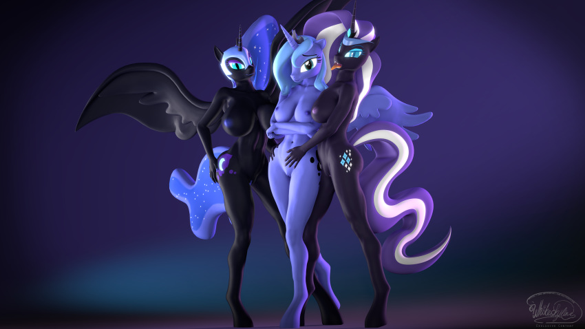 16:9 3d_(artwork) 4k absurd_res anthro anthrofied armor big_breasts black_fur blue_eyes blue_hair breast_size_difference breasts cosmic_hair crossed_arms crown cutie_mark digital_media_(artwork) equid ethereal_hair fangs female female/female friendship_is_magic fur green_eyes hair hand_on_hip headgear helmet hi_res horn idw_publishing licking looking_at_viewer mammal multicolored_hair my_little_pony my_little_pony_(idw) nightmare_moon_(mlp) nightmare_rarity_(idw) nipples nude open_mouth princess_luna_(mlp) pseudo_hair pussy simple_background slit_pupils smile source_filmmaker tongue tongue_out two_tone_hair unicorn whiteskyline winged_unicorn wings