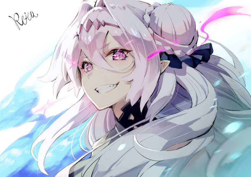 1girl azur_lane bangs blue_ribbon braided_bun commentary_request eyebrows_visible_through_hair floating_hair glowing glowing_eyes grin hair_between_eyes hair_bun hair_intakes hair_ribbon headpiece hoshizaki_reita long_hair looking_at_viewer pink_eyes pointy_ears ribbon side_bun signature silver_hair smile solo upper_body white_background