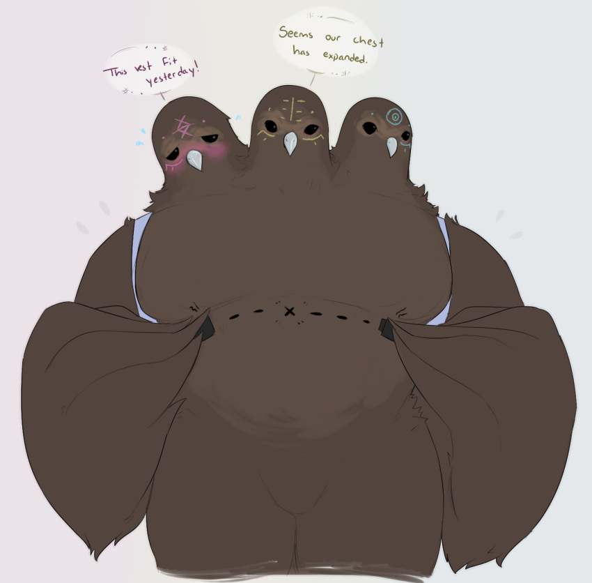 avian big_pecs bird blush clothing hi_res himerosthegod male markings multi_head pecs simple_background solo wings xezyph_(himeros)