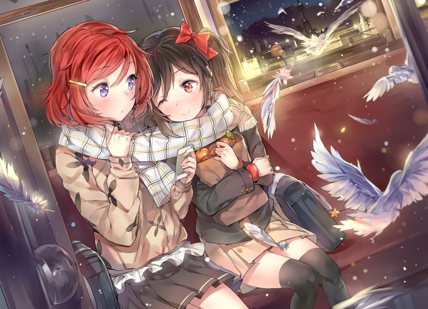 2girls ;) bird black_hair black_legwear blush bow dutch_angle earphones feathers hair_bow hair_ornament hairclip highres long_sleeves love_live! love_live!_school_idol_project multiple_girls nishikino_maki one_eye_closed pleated_skirt purple_eyes red_eyes red_hair scarf school_uniform shared_earphones shared_scarf short_hair sitting skirt smile thighhighs twintails yazawa_nico yuran yuri zettai_ryouiki