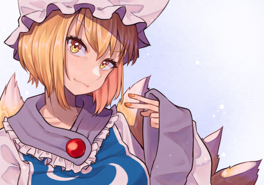 1girl :3 blonde_hair commentary_request dress eyebrows_visible_through_hair fox_tail frills hat head_tilt long_sleeves looking_at_viewer multiple_tails solo tabard tail toluda touhou upper_body v white_dress wide_sleeves yakumo_ran yellow_eyes