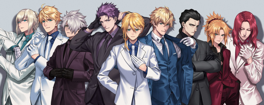 1girl 1other agravain_(fate/grand_order) ambiguous_gender arthur_pendragon_(fate) artoria_pendragon_(all) bangs bedivere black_gloves black_hair blonde_hair blue_eyes braid cape closed_eyes eyebrows_visible_through_hair fate/grand_order fate_(series) formal galahad_(fate) gauntlets gawain_(fate/extra) gloves green_eyes grey_hair hair_between_eyes hair_ornament hair_over_one_eye hair_scrunchie highres knights_of_the_round_table_(fate) lancelot_(fate/grand_order) long_hair long_sleeves looking_at_viewer mordred_(fate)_(all) multiple_boys necktie ponytail purple_hair red_hair scrunchie smile sora_yoshitake_yuda suit tristan_(fate/grand_order) white_gloves yellow_eyes
