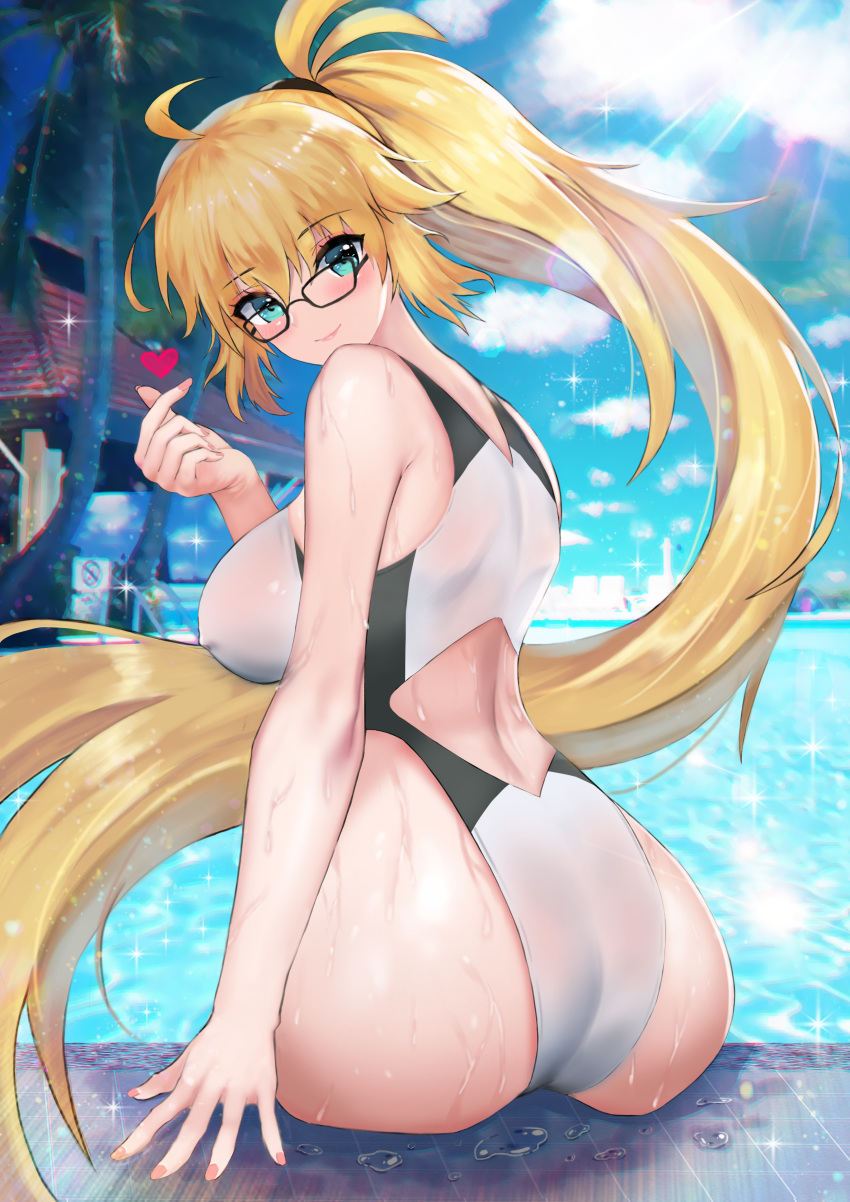 1girl absurdres ahoge ass back bangs bare_shoulders blonde_hair blue_eyes blush breasts closed_mouth fate/grand_order fate_(series) glasses hair_between_eyes heart highleg highleg_swimsuit highres jeanne_d'arc_(fate)_(all) jeanne_d'arc_(swimsuit_archer) large_breasts long_hair looking_at_viewer mergerri one-piece_swimsuit ponytail pool poolside sitting smile solo sparkle sunlight swimsuit very_long_hair wet white_swimsuit