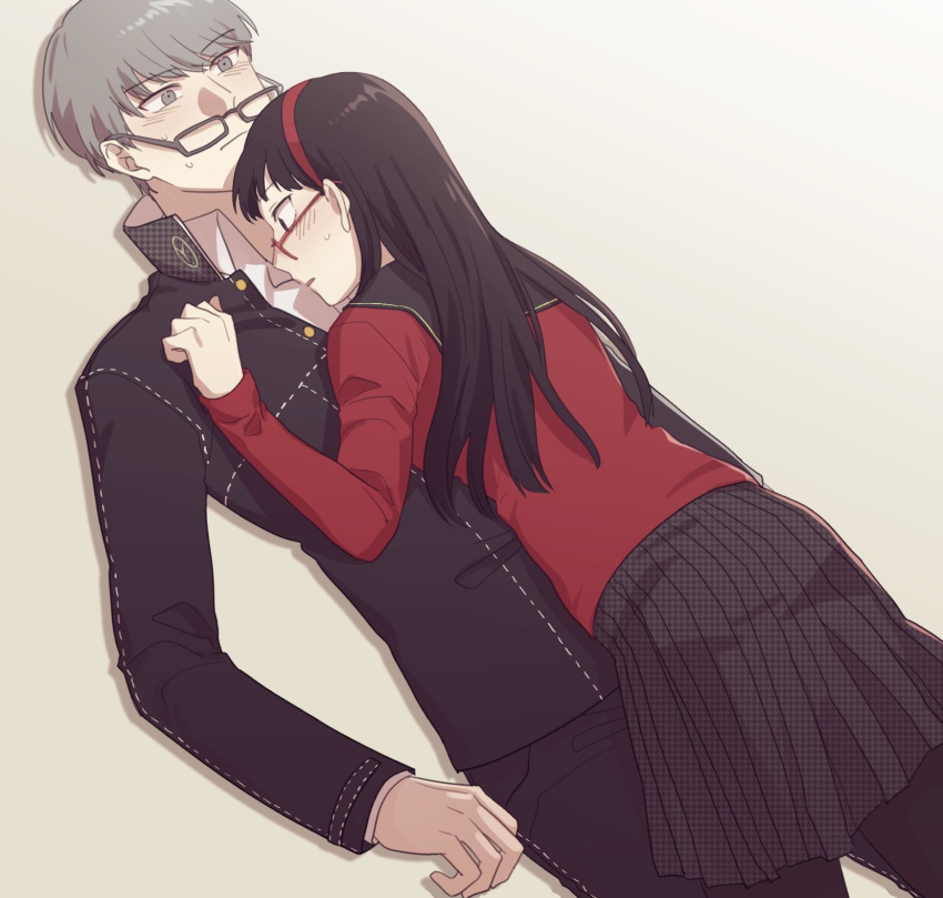 1boy 1girl amagi_yukiko black_hair black_legwear cardigan commentary_request gakuran glasses grey_hair hairband highres hime_cut korean_commentary long_hair narukami_yuu pantyhose persona persona_4 red-framed_eyewear red_sweater road9ame school_uniform smile sweater yasogami_school_uniform