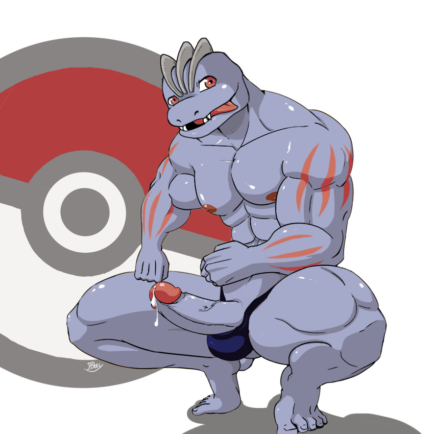 1:1 2015 abs anthro athletic balls barefoot biceps big_muscles blush bodily_fluids clothing crouching cum cum_on_penis cum_string erection fangs genital_fluids grey_skin hi_res humanoid humanoid_penis jb_boy leaking looking_at_viewer machoke male markings muscular muscular_male nintendo nipples open_mouth pecs penis pok&eacute;ball pok&eacute;ball_background pok&eacute;mon pok&eacute;mon_(species) pose presenting red_eyes red_skin scales simple_background solo spread_legs spreading standard_pok&eacute;ball teeth thong tongue tongue_out vein video_games