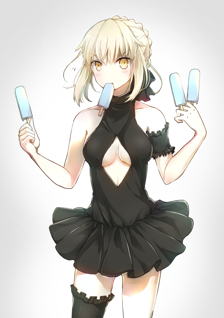 1girl absurdres armband artoria_pendragon_(all) bangs bare_shoulders between_fingers black_legwear blonde_hair breasts cowboy_shot eyebrows_visible_through_hair fate/grand_order fate_(series) food food_in_mouth frilled_armband frilled_legwear frills highres holding holding_food legs_apart medium_breasts misoradeko one-piece_swimsuit orange_eyes popsicle saber_alter single_thighhigh solo swimsuit thighhighs