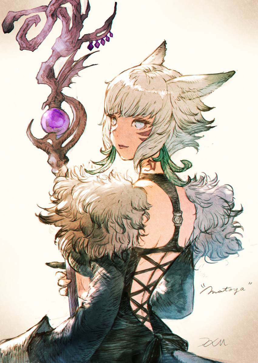 1girl absurdres animal_ears bangs black_dress black_mage blind breasts cat_ears cat_girl cat_tail dress facial_mark feathers final_fantasy final_fantasy_xiv fur_trim hair_feathers highres holding holding_staff kuroimori long_sleeves medium_breasts miqo'te neck_tattoo short_hair silver_eyes solo staff tail tattoo white_hair y'shtola_rhul