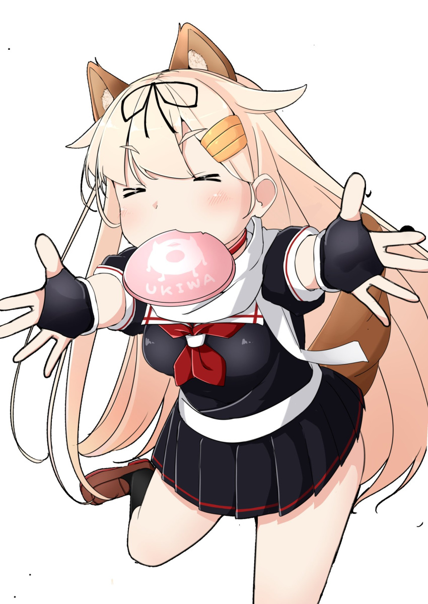 1girl animal_ears black_gloves black_ribbon black_serafuku blonde_hair commentary_request cowboy_shot dagappa dog_ears dog_tail fingerless_gloves frisbee gloves hair_flaps hair_ornament hair_ribbon highres kantai_collection long_hair mouth_hold neckerchief outstretched_arms pleated_skirt red_neckwear remodel_(kantai_collection) ribbon scarf school_uniform serafuku simple_background skirt solo tail white_background white_scarf yuudachi_(kantai_collection)