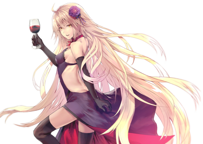 1girl :d absurdly_long_hair ahoge applekun backless_dress backless_outfit black_gloves black_legwear blonde_hair breasts butt_crack choker cup dress elbow_gloves fate/grand_order fate_(series) floating_hair flower from_side gloves hair_flower hair_ornament holding holding_cup jeanne_d'arc_(alter)_(fate) jeanne_d'arc_(fate)_(all) long_hair medium_breasts open_mouth pixiv_fate/grand_order_contest_2 purple_dress purple_flower red_ribbon red_wine ribbon ribbon_choker sideboob simple_background sleeveless sleeveless_dress smile solo strapless strapless_dress thighhighs very_long_hair white_background yellow_eyes