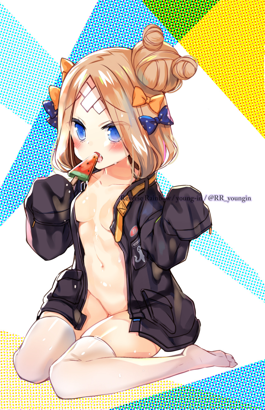 1girl abigail_williams_(fate/grand_order) absurdres bangs black_jacket blonde_hair blue_bow blue_eyes blush bow breasts collarbone commentary_request crossed_bandaids eyebrows_visible_through_hair fate/grand_order fate_(series) food groin hair_bow hair_bun heroic_spirit_traveling_outfit highres holding holding_food jacket jin_young-in long_hair long_sleeves medium_breasts naked_coat navel no_shoes open_clothes open_jacket open_mouth orange_bow parted_bangs polka_dot polka_dot_bow popsicle revision sitting sleeves_past_fingers sleeves_past_wrists solo thighhighs wariza watermelon_bar white_legwear