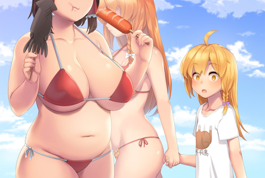 1boy 2girls :t ahoge bare_arms bare_shoulders bikini black_hair blonde_hair blue_sky blush bow braid breasts clothes_writing cloud collarbone commentary_request cookie_(touhou) cowboy_shot day fat food from_side genderswap genderswap_(ftm) groin hair_bow hair_tubes hakurei_reimu halterneck hands_up head_out_of_frame height_difference highres holding holding_food holding_hands ikayaki kirisame_marisa large_breasts looking_at_another multiple_girls no_hat no_headwear open_mouth orange_bikini orange_hair outdoors plump polka_dot profile purple_bow red_bikini rei_(cookie) reu sausage shirt short_sleeves side-tie_bikini sidelocks single_braid sky standing swimsuit t-shirt tarmo thighs touhou translation_request upper_body white_bow white_shirt x_x yellow_eyes