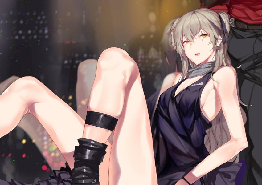 1boy 1girl absurdres bangs bare_shoulders belt black_footwear blush boots breasts cityscape dress eyebrows_visible_through_hair girls_frontline grey_scarf hair_between_eyes highres indoors leg_strap long_hair night one_side_up open_mouth pants purple_dress scar scar_across_eye scarf shirt sitting small_breasts smile ump45_(girls_frontline) window yellow_eyes yueqin_(monnpiano)