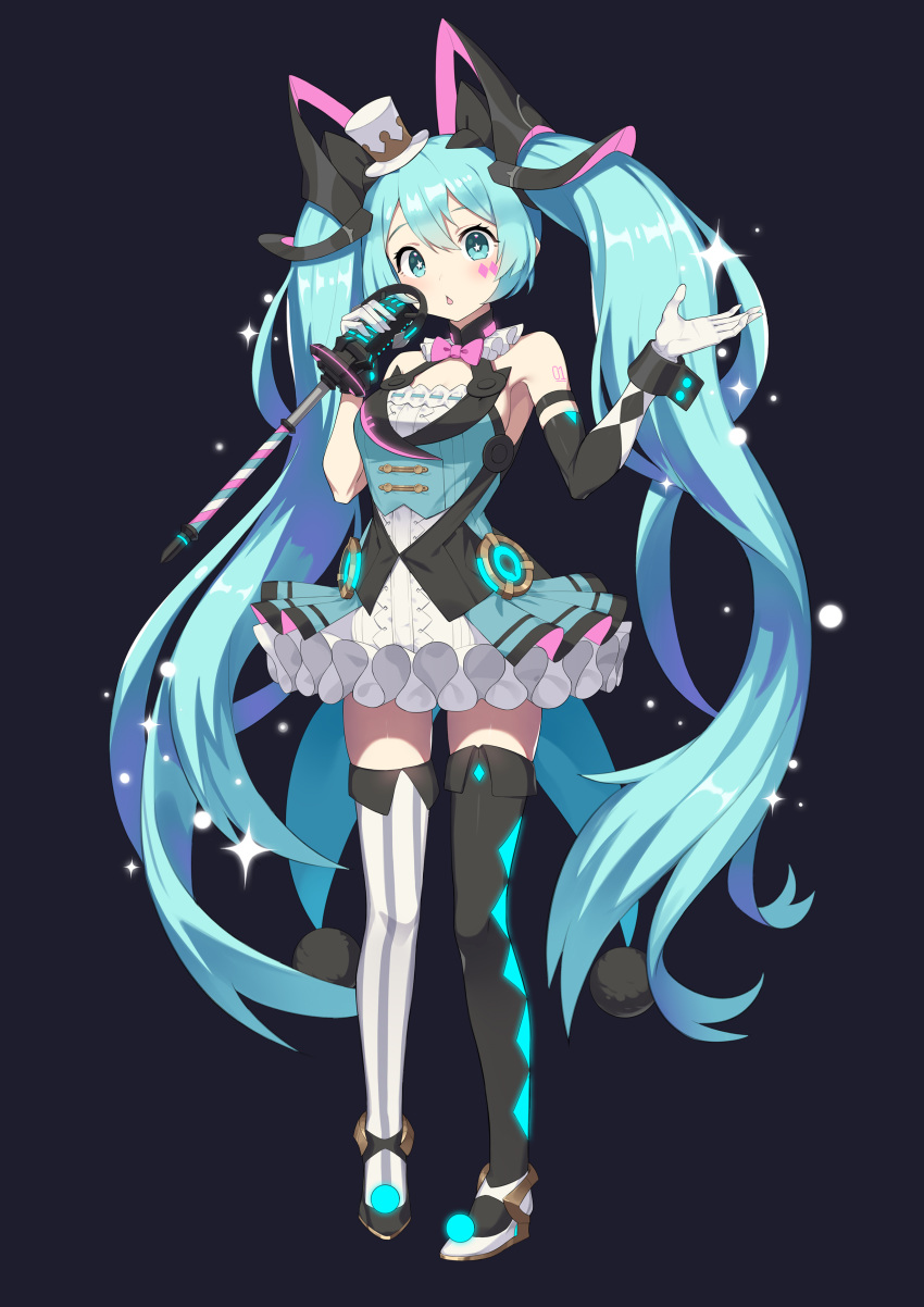 1girl absurdres aqua_eyes aqua_hair argyle argyle_legwear armpits asymmetrical_sleeves bare_shoulders black_background bow bowtie breasts commentary detached_sleeves diamond_(shape) english_commentary facial_tattoo frilled_skirt frills full_body gloves hair_ornament hands_up hat hatsune_miku highres holding holding_microphone long_hair looking_at_viewer magical_mirai_(vocaloid) microphone mini_hat mini_top_hat mismatched_legwear neon_lights open_mouth pink_neckwear shoulder_tattoo sideboob skirt solo sparkle staff striped striped_legwear tattoo top_hat twintails very_long_hair vocaloid white_gloves white_headwear wrist_cuffs xian_yu_zhanshi