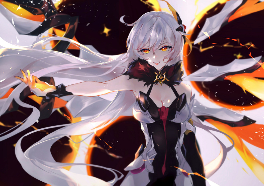 1girl ahoge armor armored_dress breasts cleavage commentary_request diamond-shaped_pupils elbow_gloves energy_wings explosion floating_hair fur_collar gloves grin hair_between_eyes hair_ornament highres honkai_(series) honkai_impact_3rd kiana_kaslana kiana_kaslana_(herrscher_of_the_void) long_hair medium_breasts outstretched_arm silver_hair single_elbow_glove smile solo symbol-shaped_pupils vardan very_long_hair yellow_eyes