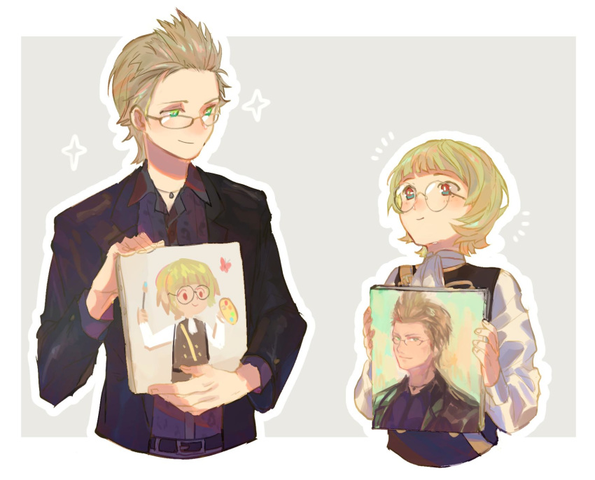 2boys brown_hair character_portrait crossover formal glasses highres ignatz_victor ignis_scientia looking_at_another multiple_boys spiked_hair suit suto_(sakumaaritsu) trait_connection upper_body