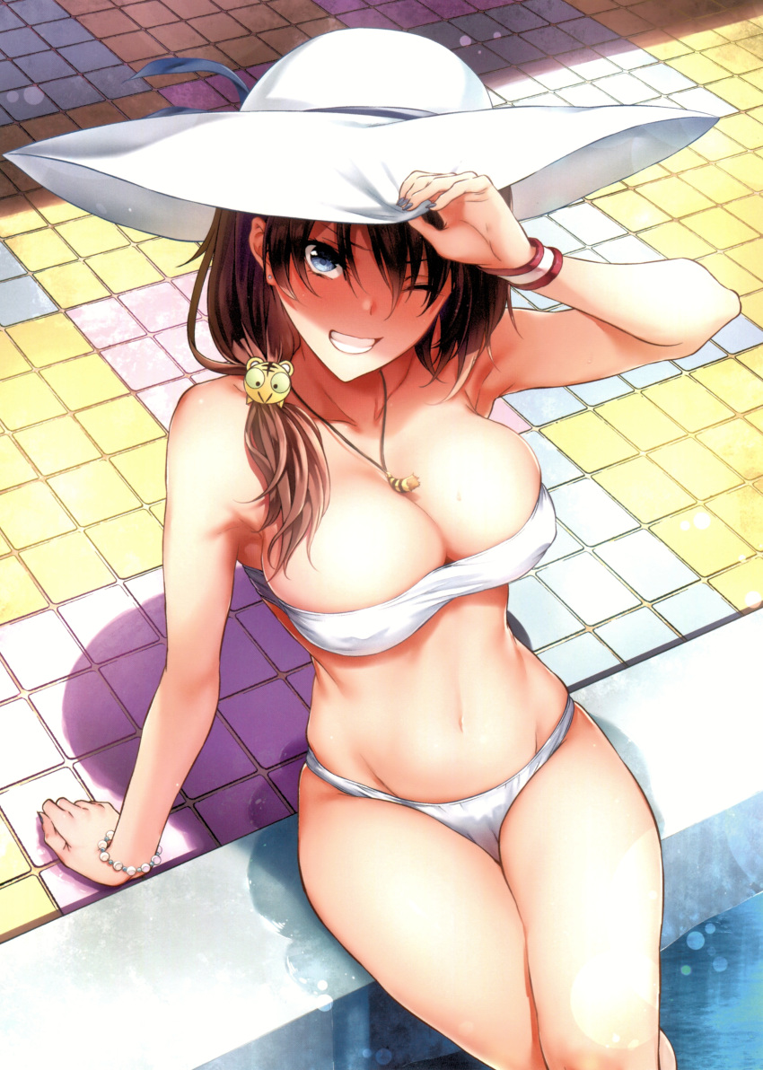 1girl absurdres arm_support arm_up bandeau bare_arms bare_shoulders bikini blue_eyes bracelet breasts brown_hair cleavage feet_out_of_frame fingernails from_above grin groin hair_ornament hat highres jewelry large_breasts long_hair looking_at_viewer mikuni_mizuki nail_polish navel one_eye_closed parted_lips pearl_bracelet pendant poolside scan shadow sitting skindentation smile solo stomach strapless strapless_bikini sun_hat swimsuit teeth thighs tied_hair toranoana water white_bikini wristband