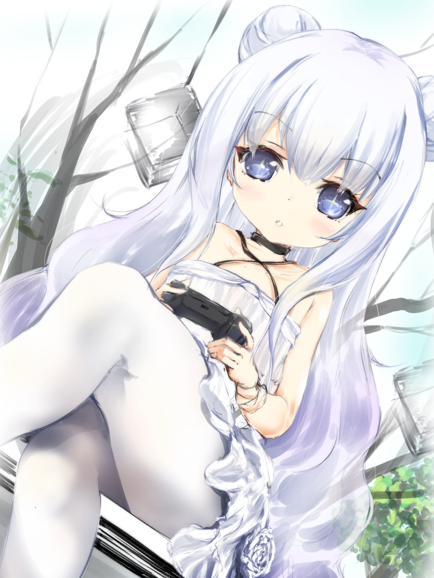 +_+ 1girl azur_lane bangs bare_shoulders bare_tree black_choker blue_eyes blush choker commentary_request controller criss-cross_halter crossed_legs cube double_bun eyebrows_visible_through_hair game_controller hair_between_eyes halterneck highres holding le_malin_(azur_lane) long_hair looking_at_viewer maru_shion pantyhose parted_lips playstation_controller sidelocks silver_hair sitting sketch solo tree very_long_hair white_legwear