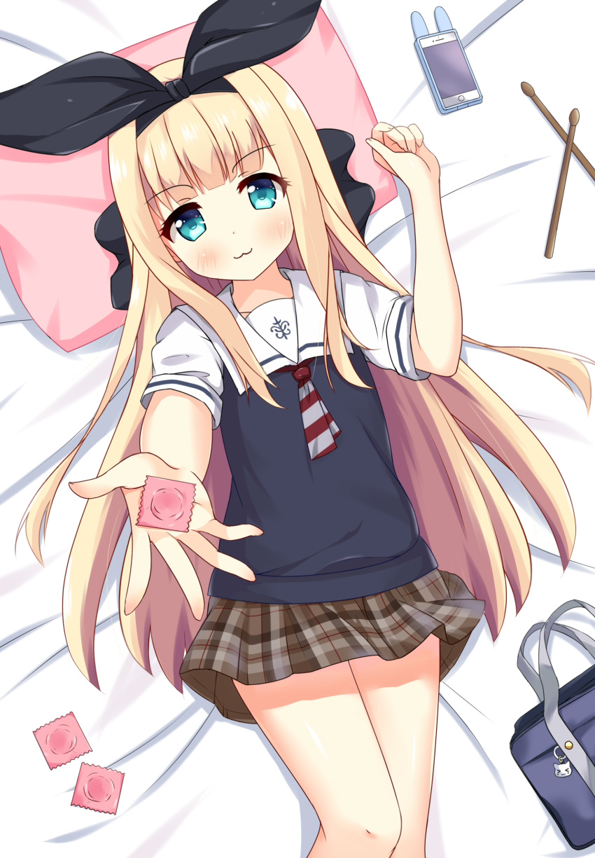 1girl :3 bag bag_charm bangs bed_sheet black_ribbon blonde_hair blue_eyes blunt_bangs blush brown_skirt cellphone charm_(object) closed_mouth collarbone collared_shirt condom condom_wrapper eyebrows_visible_through_hair fingernails hair_ribbon hand_up highres holding holding_condom long_hair lying mononobe_alice nijisanji on_back outstretched_arm phone phone_with_ears pillow plaid plaid_skirt ribbon school_bag school_uniform shirt short_sleeves sidelocks skirt solo sweater_vest v-shaped_eyebrows very_long_hair virtual_youtuber white_shirt xiaosamiao