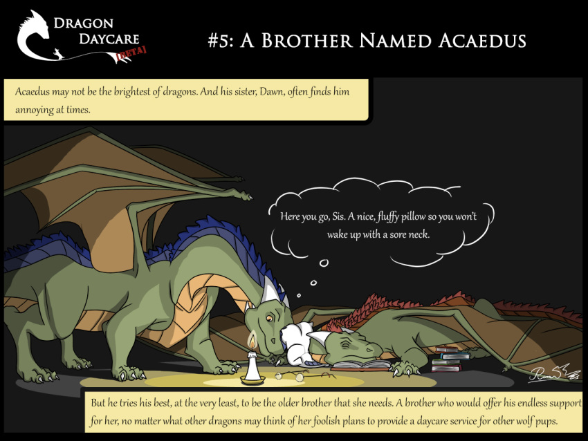 4:3 acaedus candle comic dawn_(character) dragon female feral humor male pillow rimentus scalie sleeping western_dragon