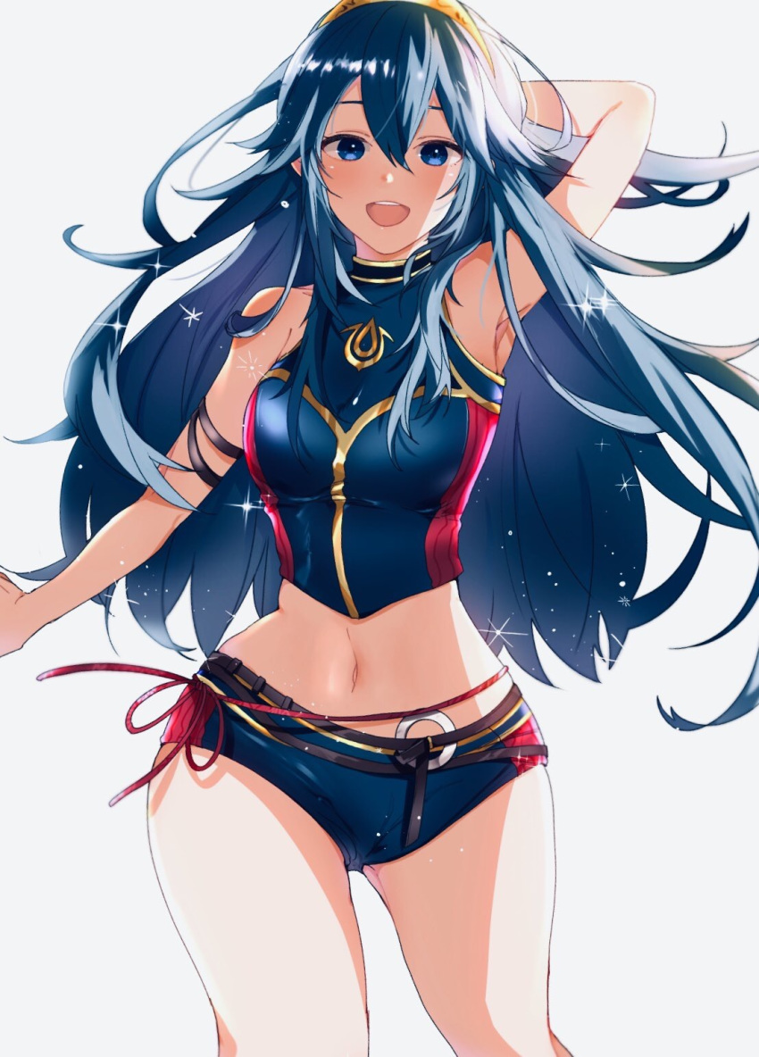 1girl alternate_costume arm_behind_head armpits bare_shoulders blue_eyes blue_hair blue_shorts blush commentary_request crop_top fire_emblem fire_emblem_awakening fire_emblem_heroes highres hip_focus long_hair looking_at_viewer lucina_(fire_emblem) navel nekolook open_mouth red_ribbon ribbon shirt short_shorts shorts sleeveless sleeveless_shirt thighs tiara