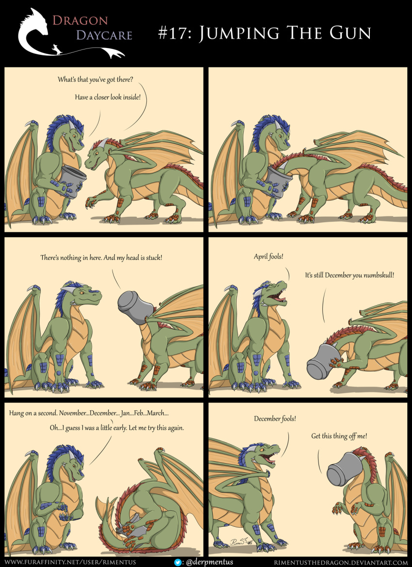 acaedus comic dawn_(character) dragon female feral hi_res humor male rimentus scalie stuck western_dragon