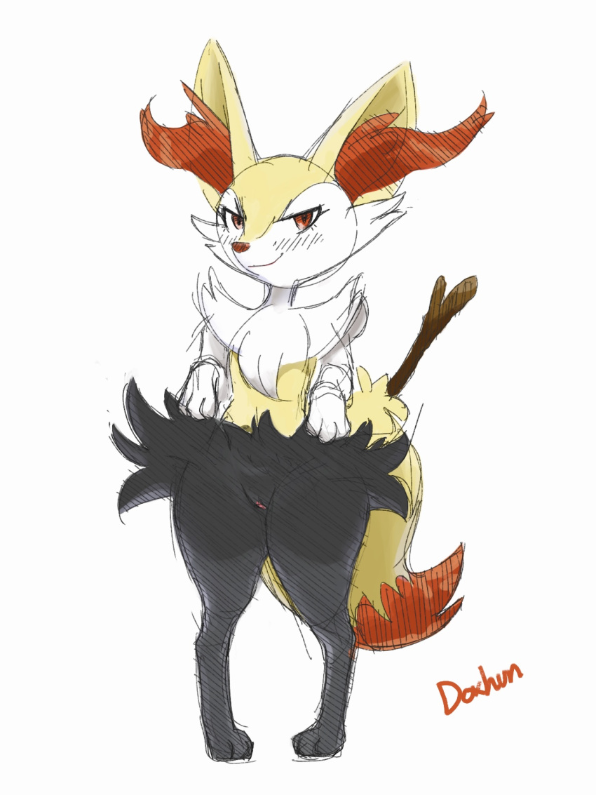 anthro blush bottomwear braixen canid canine clothing clothing_lift doxhun female flashing fox fur hi_res looking_at_viewer mammal nintendo pok&eacute;mon pok&eacute;mon_(species) presenting pussy red_eyes skirt skirt_lift solo video_games yellow_fur