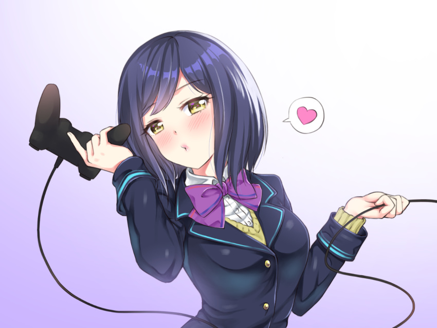 1girl bangs black_hair black_jacket blazer blush bow breasts brown_sweater cable closed_mouth collared_shirt commentary_request controller dress_shirt eyebrows_visible_through_hair game_controller gradient gradient_background head_tilt heart holding jacket long_sleeves nijisanji purple_background purple_bow school_uniform shirihime shirt shizuka_rin small_breasts solo spoken_heart sweater upper_body virtual_youtuber white_background white_shirt yellow_eyes
