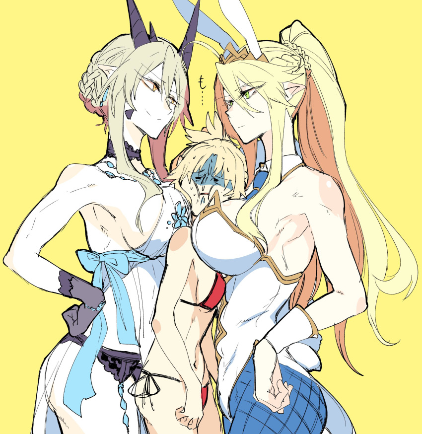 3girls absurdres animal_ears armpits artoria_pendragon_(all) artoria_pendragon_(lancer_alter) between_breasts bikini blonde_hair braid breasts bunny_ears bunny_tail bunnysuit character_request cowboy_shot fate/grand_order fate_(series) french_braid green_eyes hair_between_eyes hands_on_hips highres large_breasts long_hair mordred_(fate)_(all) mordred_(swimsuit_rider)_(fate) multiple_girls pointy_ears shaded_face side-tie_bikini sideboob small_breasts sweat swimsuit tail takatsuki_nato yellow_background yellow_eyes