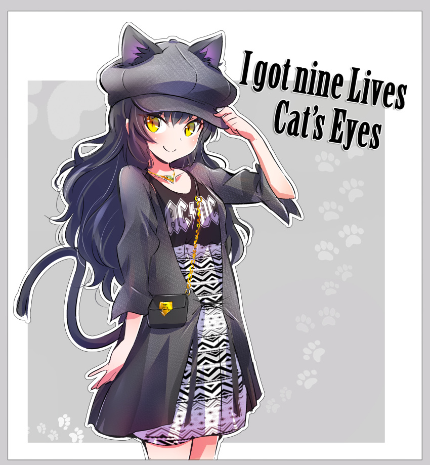 1girl absurdres acdc alternate_costume animal_ears bag black_bag black_hair blake_belladonna cat_ears cat_tail chain collarbone commentary_request dress english_text eyebrows_visible_through_hair handbag hat highres iesupa jacket long-hair long_hair looking_at_viewer rwby smile solo tail wavy_hair yellow_eyes