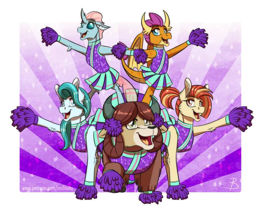 amber_eyes arthropod blue_eyes bovid bovine changeling cheerleader dragon equid equine female friendship_is_magic green_eyes group hi_res horn horse inuhoshi-to-darkpen lighthoof_(mlp) mammal my_little_pony ocellus_(mlp) pom_poms pony shimmy_shake_(mlp) smolder_(mlp) wings yak yona_(mlp)