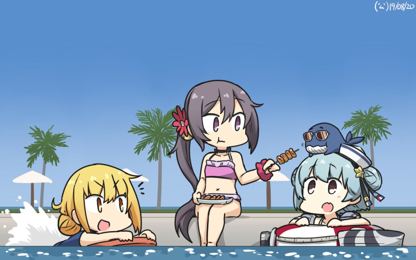 1other 3girls akebono_(kantai_collection) animal animal_on_head beach_umbrella bell bikini black_ribbon blonde_hair blue_hair blue_sky blue_swimsuit commentary_request dated day dixie_cup_hat double_bun fang flower food hair_bell hair_flower hair_ornament hamu_koutarou hat hat_ribbon highres innertube jingle_bell kantai_collection kebab kickboard little_blue_whale_(kantai_collection) long_hair low_twintails military_hat multiple_girls on_head open_mouth outdoors palm_tree pink_bikini poolside purple_eyes purple_hair ribbon samuel_b._roberts_(kantai_collection) satsuki_(kantai_collection) school_swimsuit short_hair side_ponytail skin_fang sky sunglasses swimsuit tree twintails umbrella very_long_hair whale white_headwear x_navel yellow_eyes