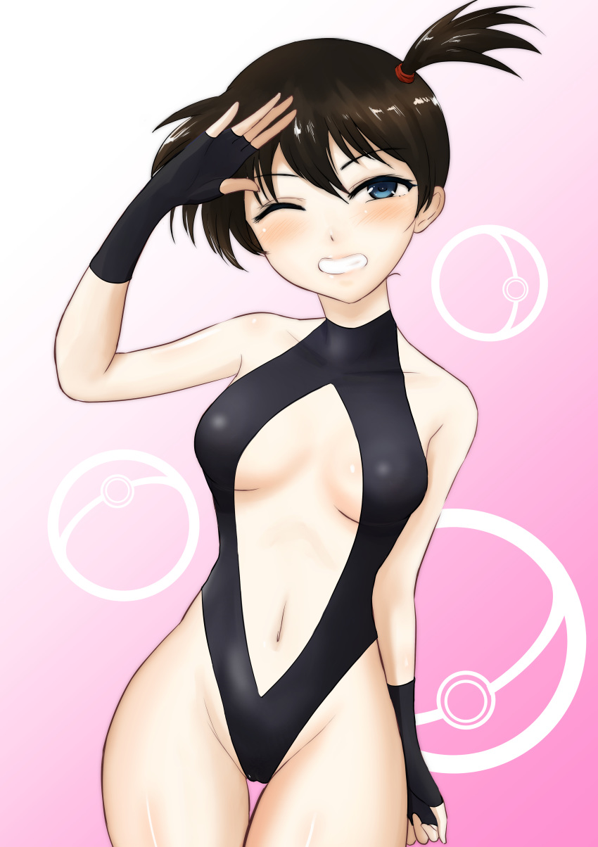 1girl absurdres alternate_breast_size alternate_eye_color alternate_hair_color arm_at_side bangs bare_hips bare_shoulders black_swimsuit blue_eyes blush breasts breasts_apart brown_hair cameltoe commentary_request covered_collarbone dengeki!_pikachu eyelashes grin gym_leader hand_up head_tilt highleg highleg_swimsuit highres kasumi_(pokemon) looking_at_viewer medium_breasts midriff navel one-piece_swimsuit one_eye_closed pink_background poke_ball pokemon shiny shiny_hair short_hair side_ponytail smile solo stomach swimsuit thigh_gap turtleneck very_short_hair