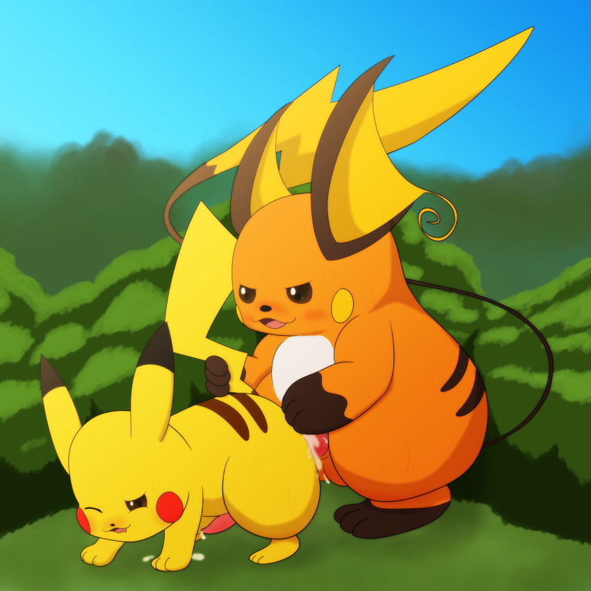 1:1 anal balls big_dom_small_sub bodily_fluids cum cum_in_ass cum_inside cum_while_penetrated duo genital_fluids hi_res improbable_(artist) larger male male/male nintendo penetration penis pikachu pok&eacute;mon pok&eacute;mon_(species) raichu size_difference video_games