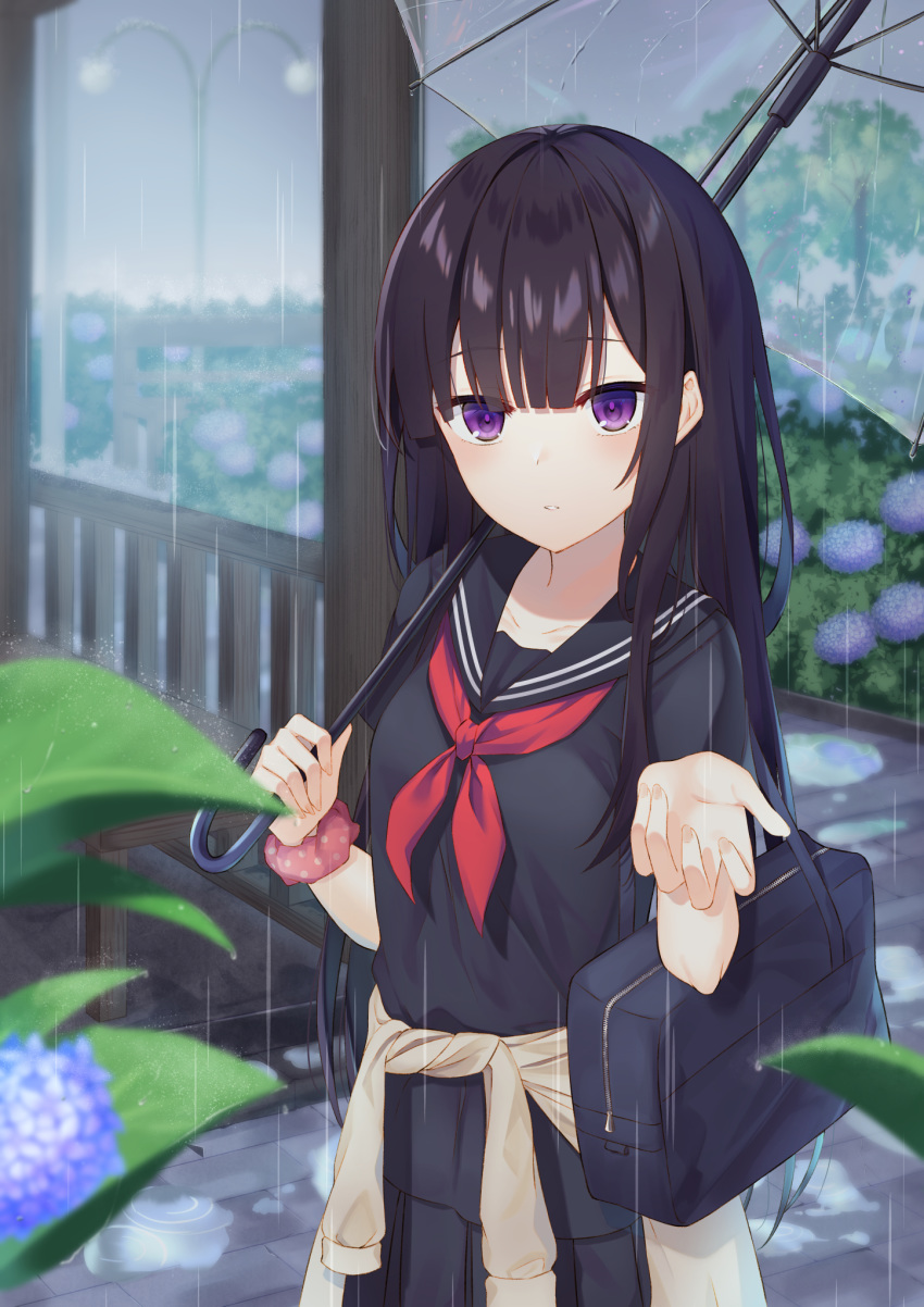 1girl bag bangs bench black_hair black_serafuku black_skirt bookbag flower highres holding holding_umbrella hydrangea kina lamppost long_hair looking_at_viewer original outdoors purple_eyes rain school_uniform scrunchie serafuku skirt solo transparent transparent_umbrella umbrella very_long_hair wrist_scrunchie