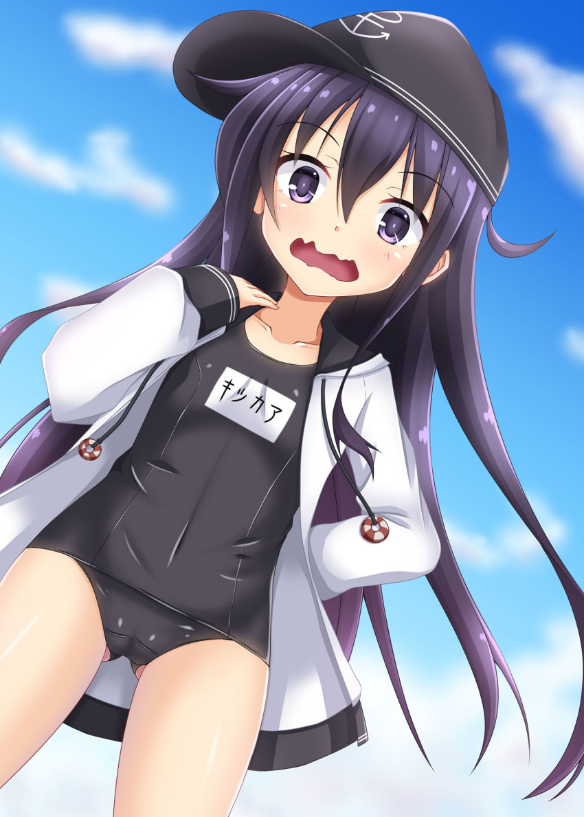 1girl akatsuki_(kantai_collection) anchor anchor_symbol ass_visible_through_thighs blue_swimsuit blush cloud cloudy_sky collarbone cosplay covered_navel cowboy_shot embarrassed eyebrows_visible_through_hair flat_cap flat_chest hair_between_eyes hat highres hood hooded_jacket ichininmae_no_lady jacket kantai_collection long_hair long_sleeves looking_at_viewer messy_hair name_tag old_school_swimsuit one-piece_swimsuit open_clothes open_jacket open_mouth outdoors purple_eyes purple_hair school_swimsuit sky smile solo standing swimsuit swimsuit_under_clothes wavy_mouth white_jacket yukikaze_(kantai_collection) yukikaze_(kantai_collection)_(cosplay) yuuki_miyabi